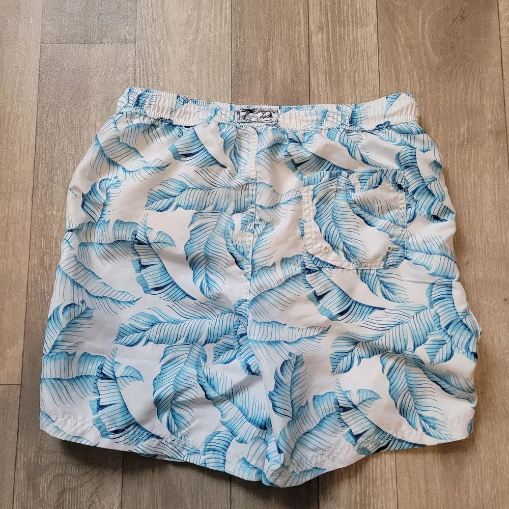Janie & Jack boys Leaf Pattern Swim Trunks Size 16.  Blue And White